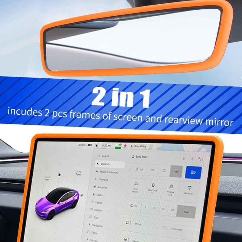 Yeapop 2Pcs Silicone Protector Frames of Screen and Rear View Mirror for Tesla Model 3 2024 Highland and Model Y 2025 Juniper. (Orange) - Image 4